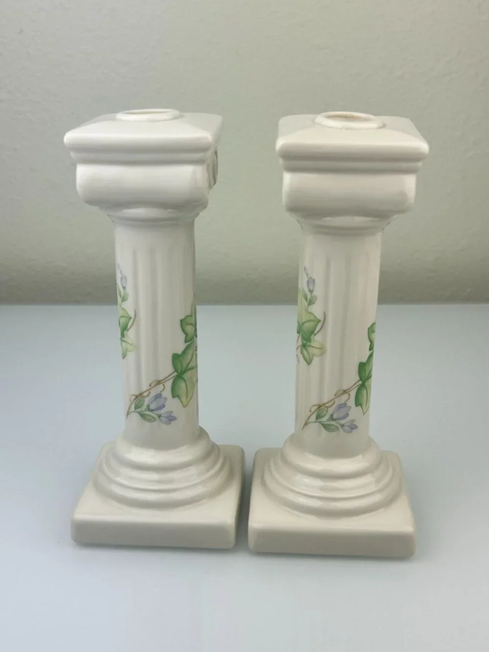 Belleek Classic Ivy Column Taper Candlesticks Ireland Ceramic Green Mark Home